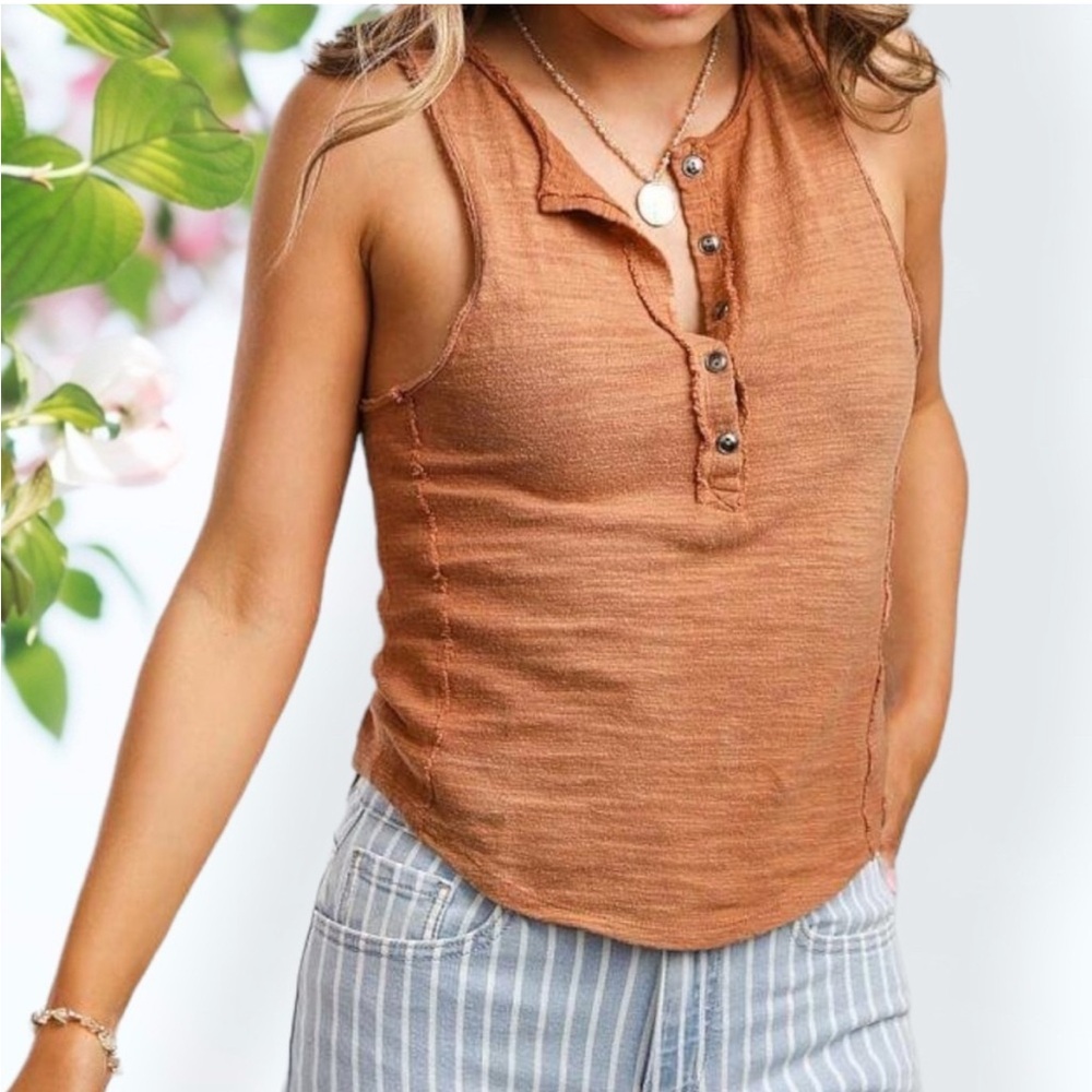 Free People Rust Brown Henley Tank Top